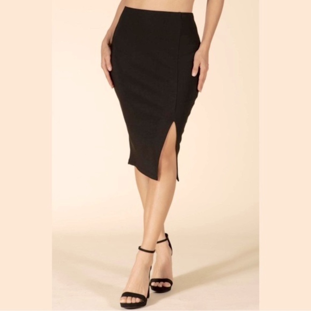 Black Scuba Crepe Pencil Dressy Skirt with Thigh Split